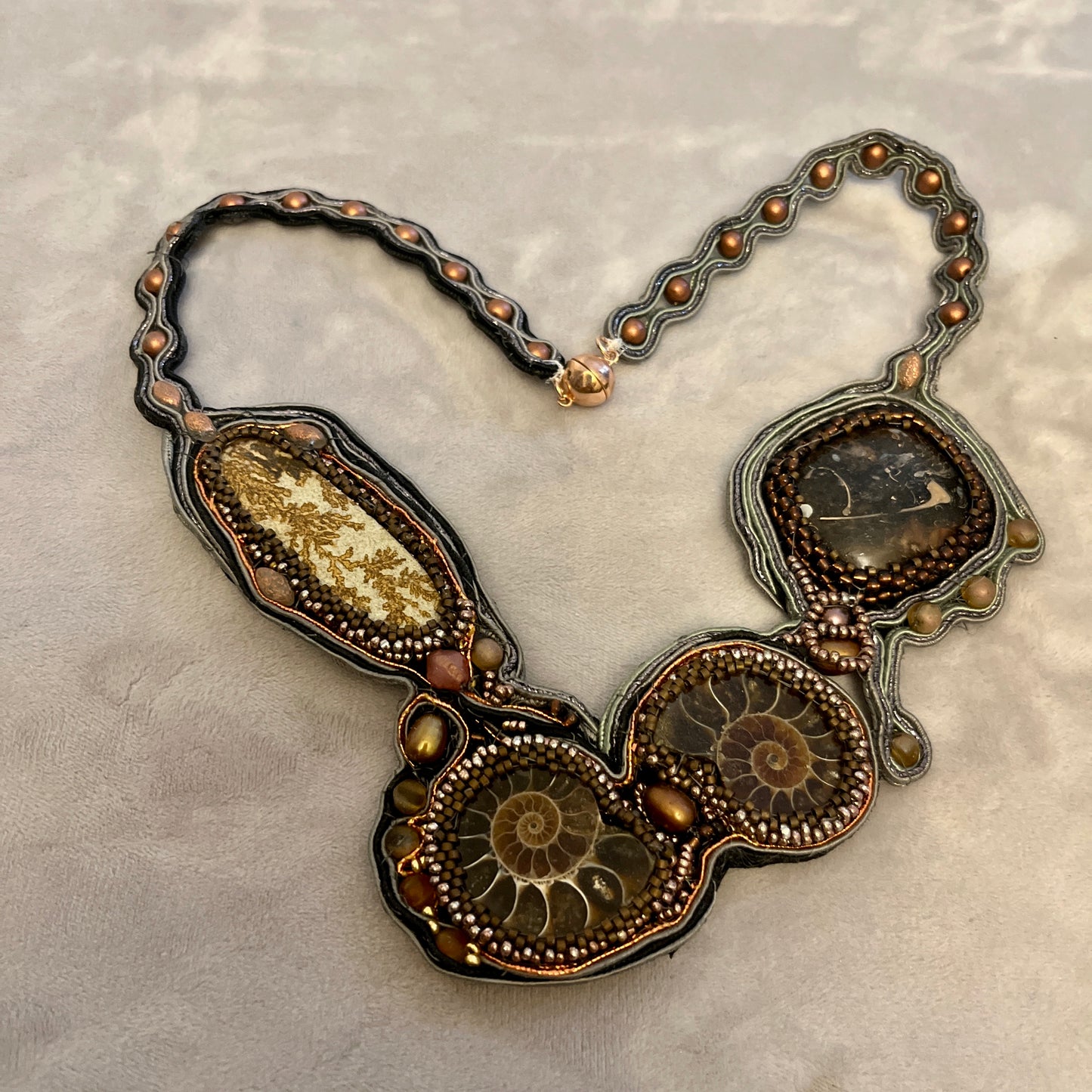 Ammonite statement  necklace with soutache