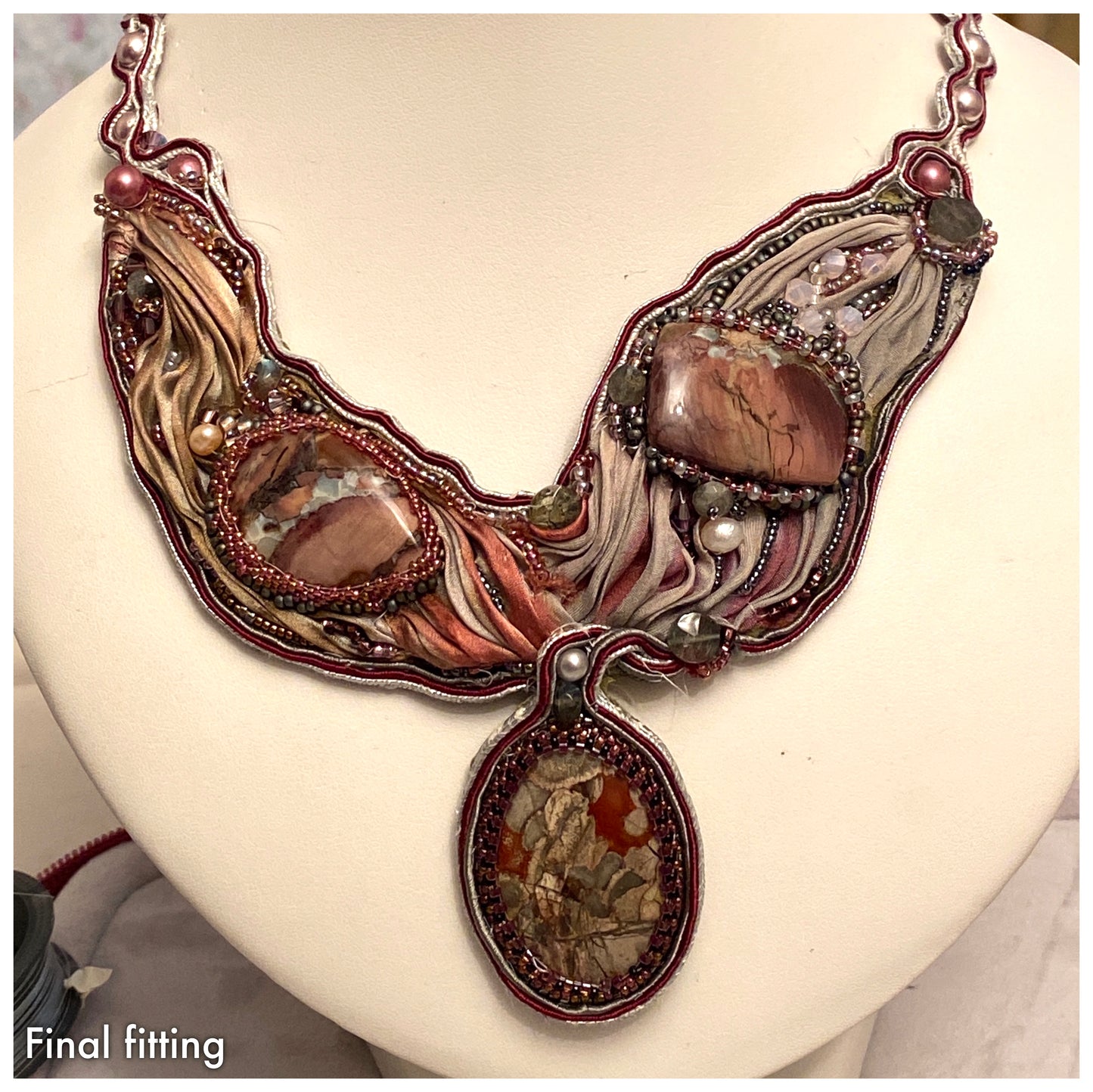 Necklace with Shibori Silk, Soutache andJasper