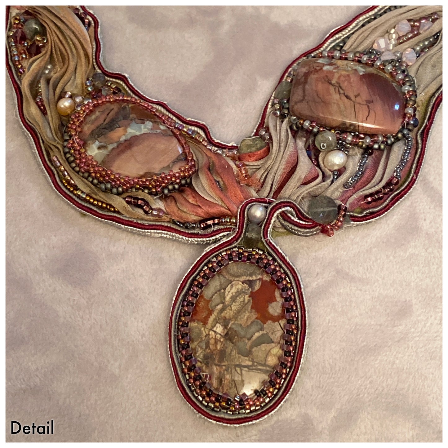 Necklace with Shibori Silk, Soutache andJasper