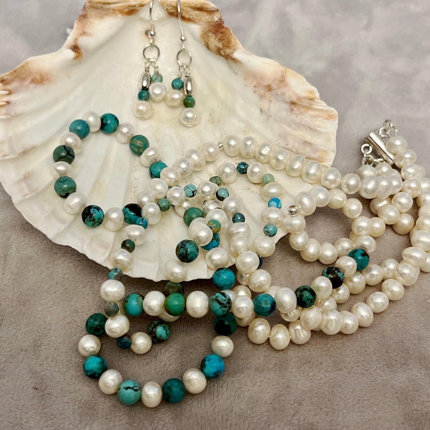 Double stranded cultured  pearl and turquoise necklace and earrings set.