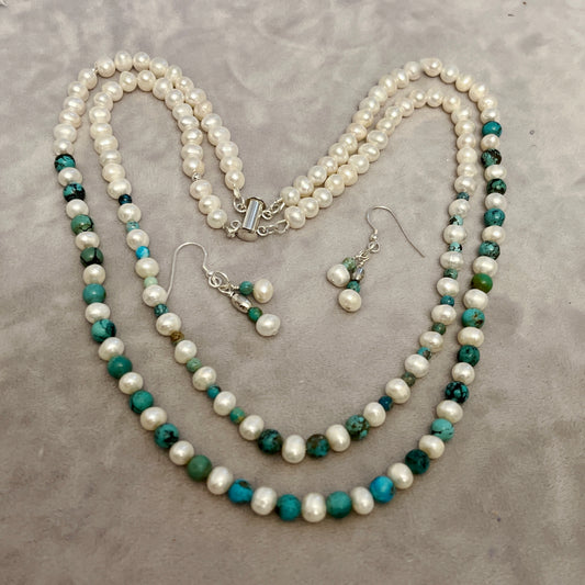 Double stranded cultured  pearl and turquoise necklace and earrings set.