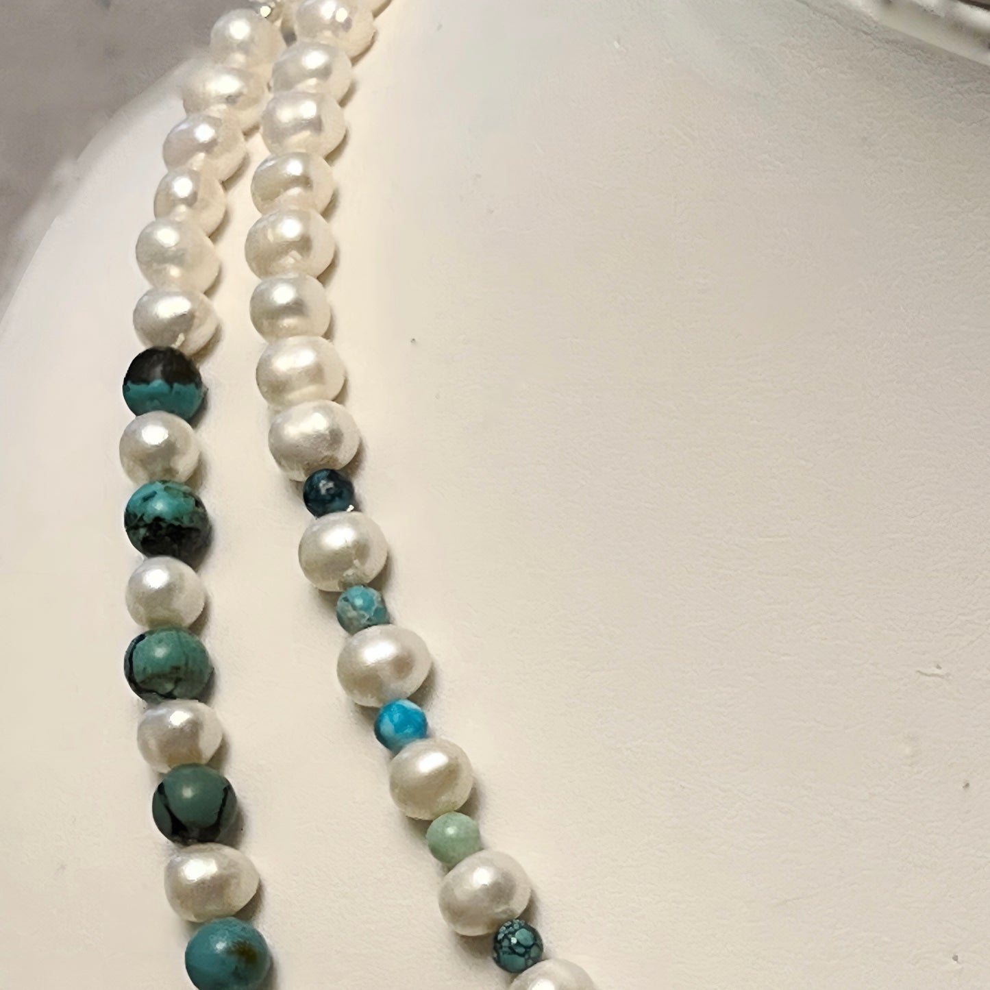 Double stranded cultured  pearl and turquoise necklace and earrings set.