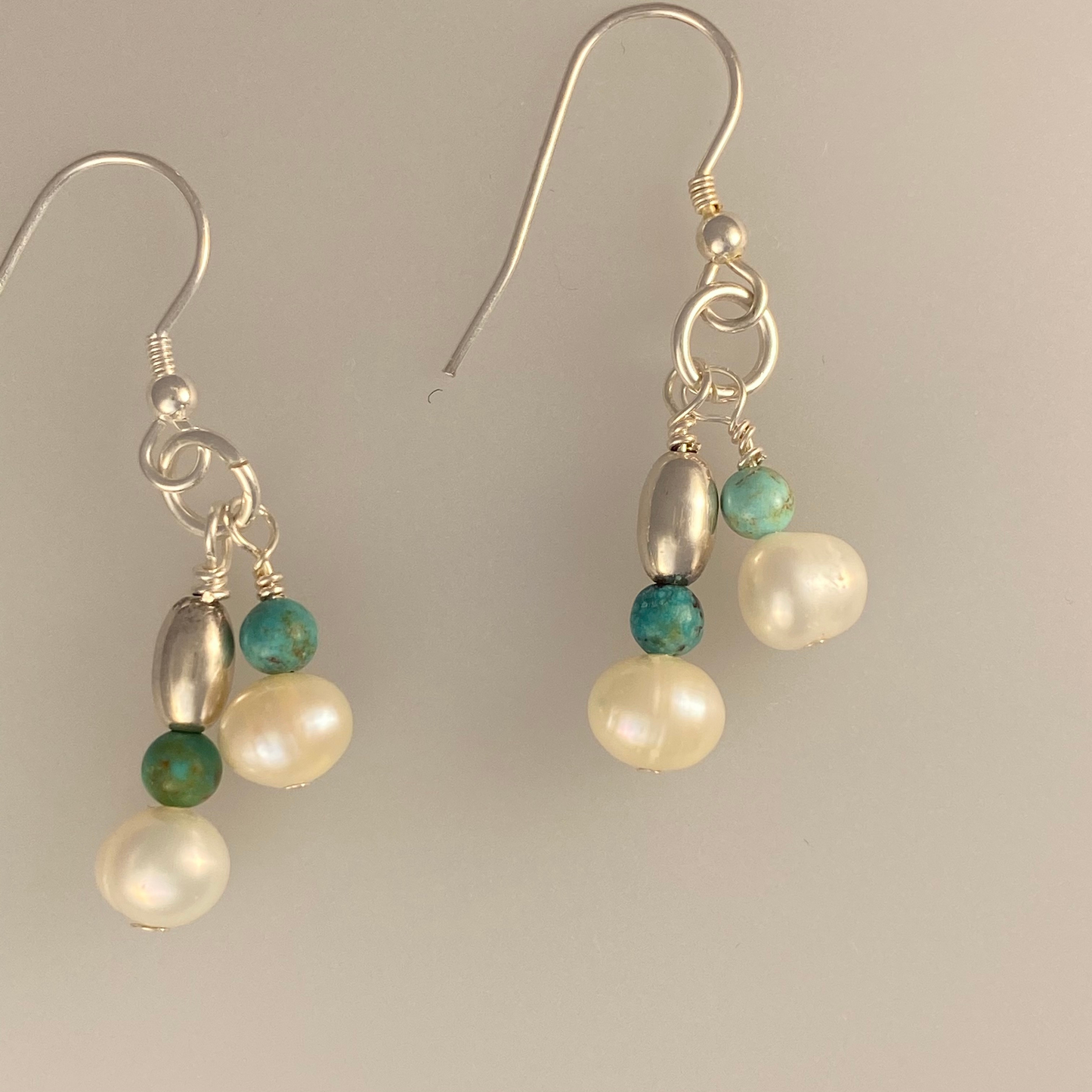 Double stranded cultured  pearl and turquoise necklace and earrings set.